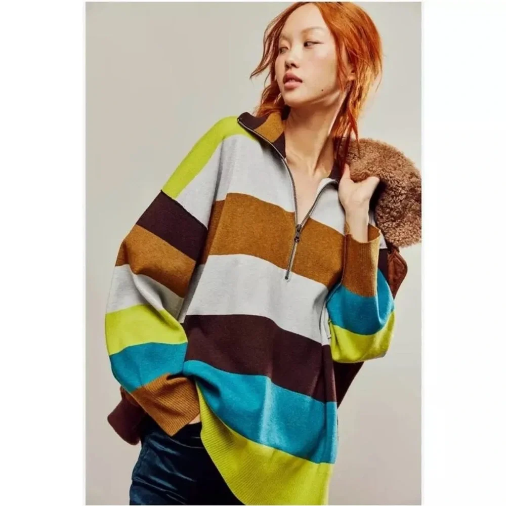 NWOT Free People Coastal Stripe Pullover Olive lime combo SZ XS - Picture 1 of 9